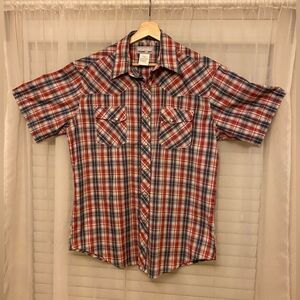 Wrangler Men's Red Blue Plaid Pearl Snap Short Sleeve Wrancher Shirt Large